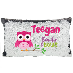 Handmade Personalized Brainy Owl Rectangle Reversible Sequin Pillow Case