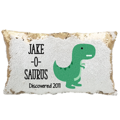 Handmade Personalized O-Saurus Dinosaur Rectangle Reversible Sequin Pillow Case