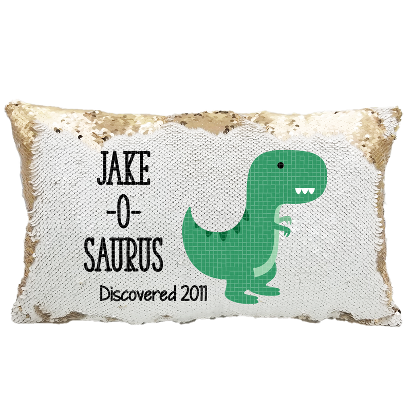 Handmade Personalized O-Saurus Dinosaur Rectangle Reversible Sequin Pillow Case