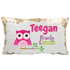 Handmade Personalized Brainy Owl Rectangle Reversible Sequin Pillow Case