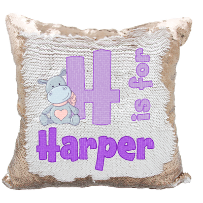 Handmade Personalized Hippo Alphabet Style Reversible Sequin Pillow Case