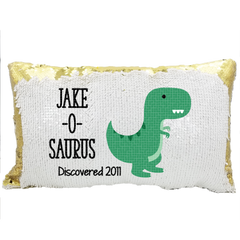 Handmade Personalized O-Saurus Dinosaur Rectangle Reversible Sequin Pillow Case