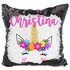 Handmade Personalized Bright Flowers Unicorn Reversible Sequin Pillow Case