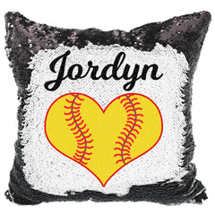 Handmade Personalized Softball Heart Reversible Sequin Pillow Case