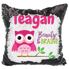 Handmade Personalized Brainy Owl Reversible Sequin Pillow Case