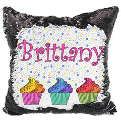 Handmade Personalized Rainbow Cupcakes Reversible Sequin Pillow Case