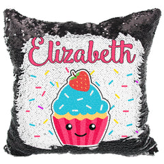 Handmade Personalized Confetti Birthday Cupcake Reversible Sequin Pillow Case