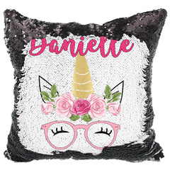 Handmade Personalized Hipster Glasses Unicorn Reversible Sequin Pillow Case