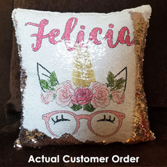 Handmade Personalized Hipster Glasses Unicorn Reversible Sequin Pillow Case