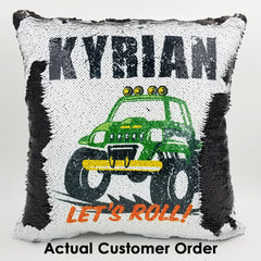 Handmade Personalized Monster Truck Reversible Sequin Pillow Case