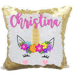 Handmade Personalized Bright Flowers Unicorn Reversible Sequin Pillow Case