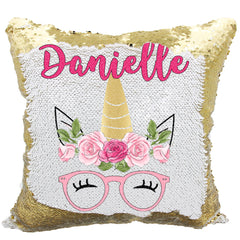 Handmade Personalized Hipster Glasses Unicorn Reversible Sequin Pillow Case