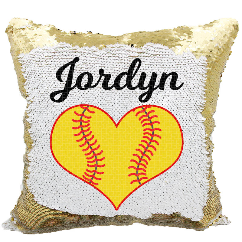 Handmade Personalized Softball Heart Reversible Sequin Pillow Case