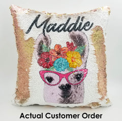 Handmade Personalized Flower Crown Llama Reversible Sequin Pillow Case