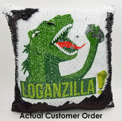 Handmade Personalized Godzilla Dinosaur Reversible Sequin Pillow Case