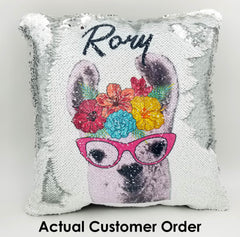 Handmade Personalized Flower Crown Llama Reversible Sequin Pillow Case