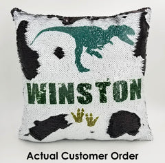 Handmade Personalized Dinosaur Footprints Reversible Sequin Pillow Case