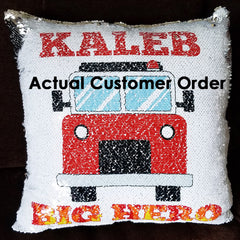 Handmade Personalized Firefighter Hero Reversible Sequin Pillow Case