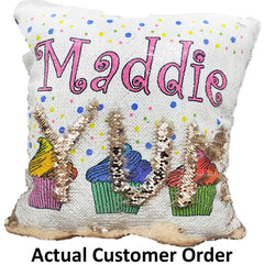 Handmade Personalized Rainbow Cupcakes Reversible Sequin Pillow Case