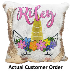 Handmade Personalized Bright Flowers Unicorn Reversible Sequin Pillow Case