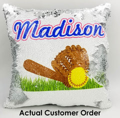 Handmade Personalized Softball Field Reversible Sequin Pillow Case