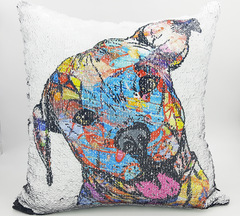 Handmade Reversible Sequin Pillow Case with Pit Bull Mosaic Design