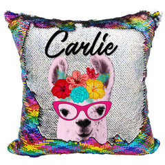 Handmade Personalized Flower Crown Llama Reversible Sequin Pillow Case