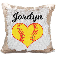 Handmade Personalized Softball Heart Reversible Sequin Pillow Case