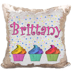 Handmade Personalized Rainbow Cupcakes Reversible Sequin Pillow Case
