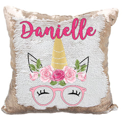 Handmade Personalized Hipster Glasses Unicorn Reversible Sequin Pillow Case