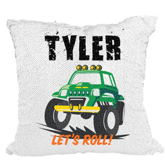 Handmade Personalized Monster Truck Reversible Sequin Pillow Case