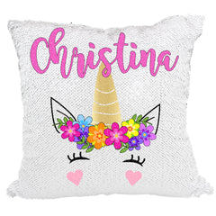 Handmade Personalized Bright Flowers Unicorn Reversible Sequin Pillow Case