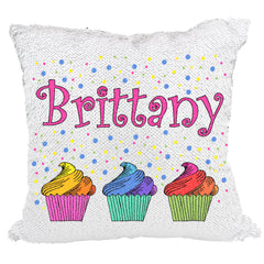 Handmade Personalized Rainbow Cupcakes Reversible Sequin Pillow Case