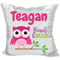 Handmade Personalized Brainy Owl Reversible Sequin Pillow Case