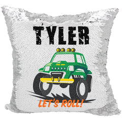 Handmade Personalized Monster Truck Reversible Sequin Pillow Case