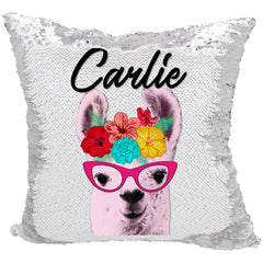 Handmade Personalized Flower Crown Llama Reversible Sequin Pillow Case